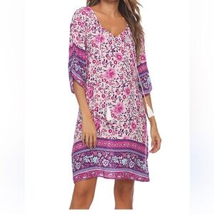 Bohemian Garden Girl Beach Boho Peasant Pink Purple Floral Print Mini Dress XL
